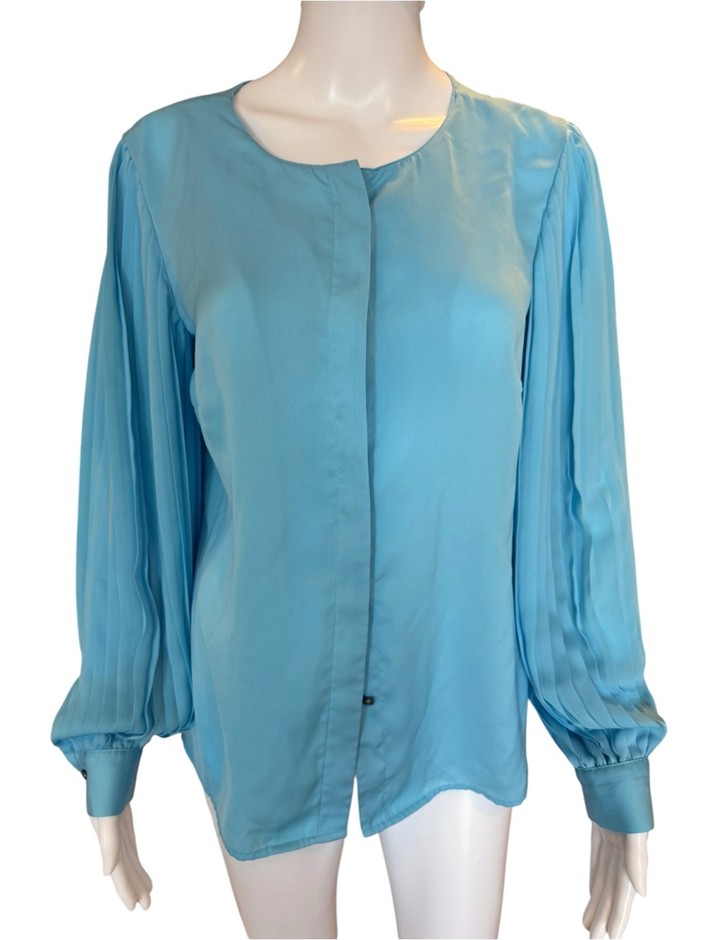 Antonio Melani Blue Pleated Sleeve Blouse Women’s Small Hidden Button Front